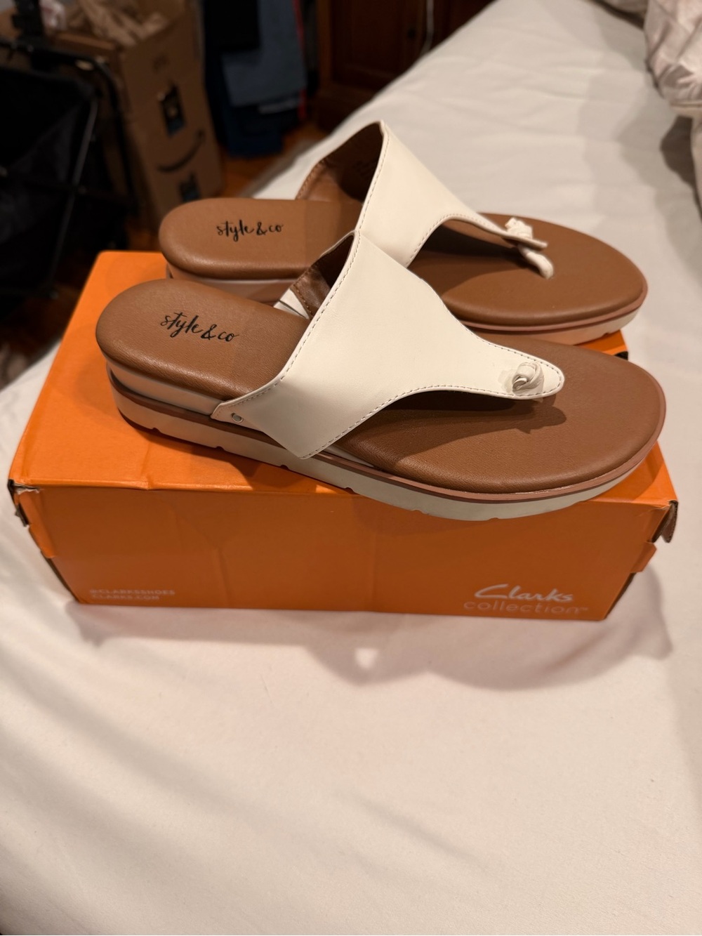 Style & Co. White and Brown Thong Sandals